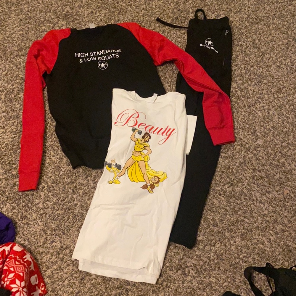 Just strong joggers, sweatshirt and tee
